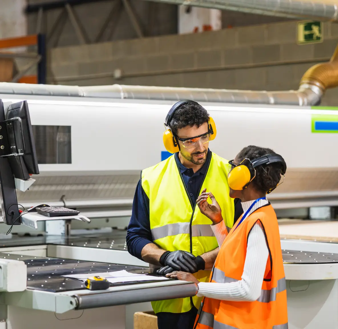 Medewerkers in gesprek bij machine